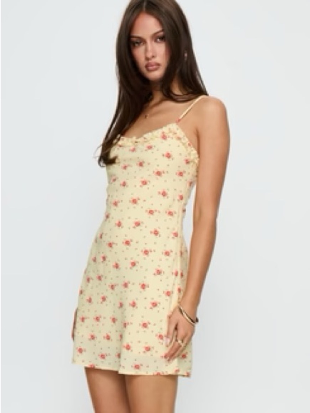 Floral Smocked Slip Dress - butter yellow with Pink Rose Print